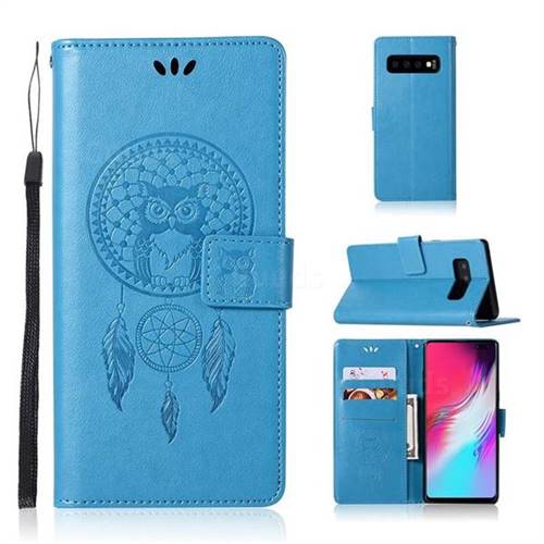 Intricate Embossing Owl Campanula Leather Wallet Case for Samsung Galaxy S10 5G (6.7 inch) - Blue