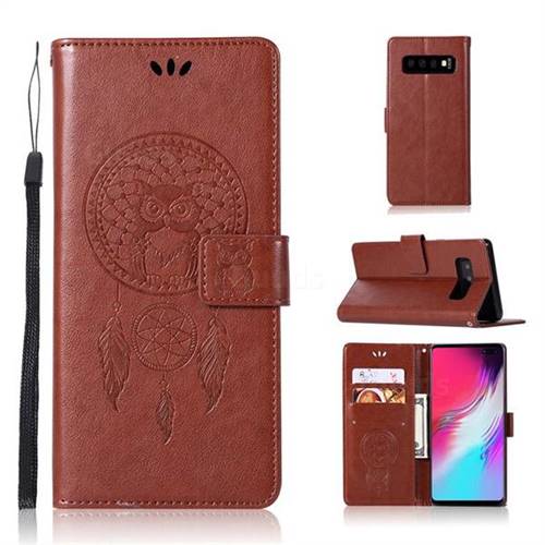 Intricate Embossing Owl Campanula Leather Wallet Case for Samsung Galaxy S10 5G (6.7 inch) - Brown