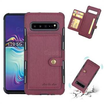 Brush Multi-function Leather Phone Case for Samsung Galaxy S10 5G (6.7 inch) - Wine Red