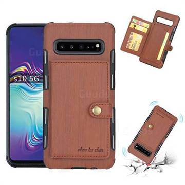 Brush Multi-function Leather Phone Case for Samsung Galaxy S10 5G (6.7 inch) - Brown