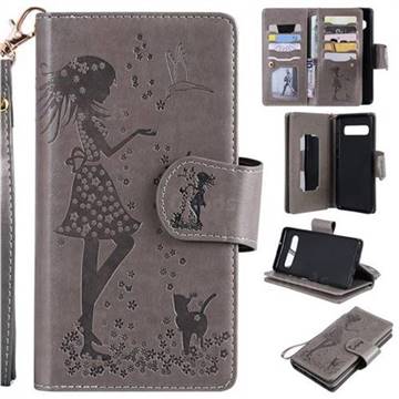 Embossing Cat Girl 9 Card Leather Wallet Case for Samsung Galaxy S10 5G (6.7 inch) - Gray