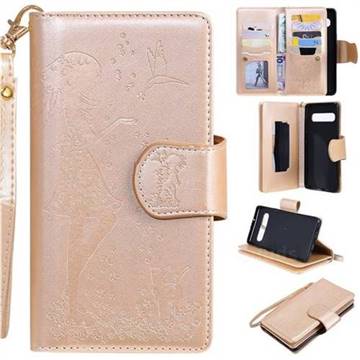 Embossing Cat Girl 9 Card Leather Wallet Case for Samsung Galaxy S10 5G (6.7 inch) - Gold