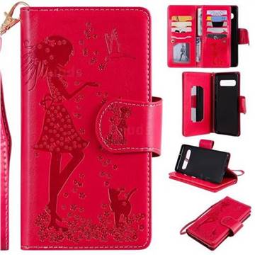 Embossing Cat Girl 9 Card Leather Wallet Case for Samsung Galaxy S10 5G (6.7 inch) - Red