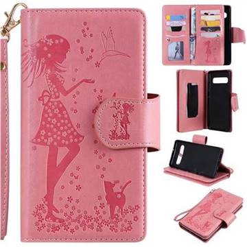 Embossing Cat Girl 9 Card Leather Wallet Case for Samsung Galaxy S10 5G (6.7 inch) - Pink