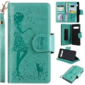 Embossing Cat Girl 9 Card Leather Wallet Case for Samsung Galaxy S10 5G (6.7 inch) - Green