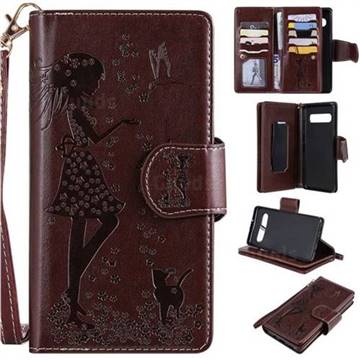 Embossing Cat Girl 9 Card Leather Wallet Case for Samsung Galaxy S10 5G (6.7 inch) - Brown
