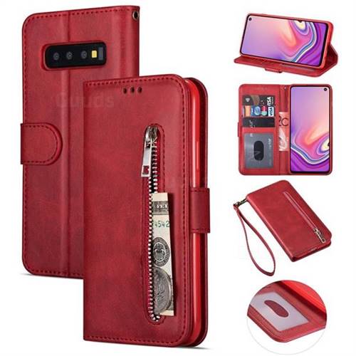Retro Calfskin Zipper Leather Wallet Case Cover for Samsung Galaxy S10 5G (6.7 inch) - Red