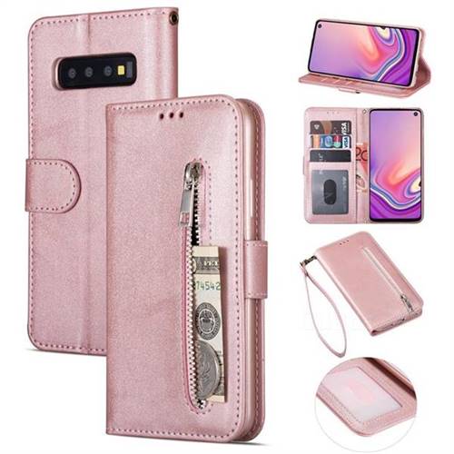 Retro Calfskin Zipper Leather Wallet Case Cover for Samsung Galaxy S10 5G (6.7 inch) - Rose Gold