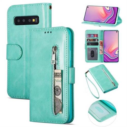 Retro Calfskin Zipper Leather Wallet Case Cover for Samsung Galaxy S10 5G (6.7 inch) - Mint Green