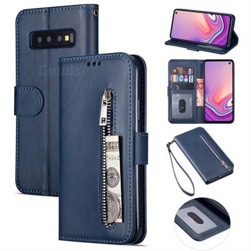 Retro Calfskin Zipper Leather Wallet Case Cover for Samsung Galaxy S10 5G (6.7 inch) - Blue