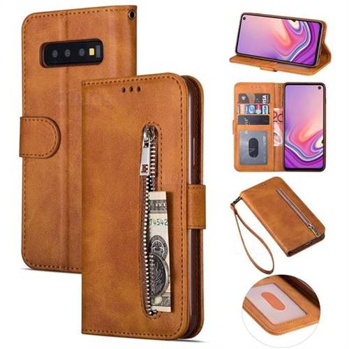 Retro Calfskin Zipper Leather Wallet Case Cover for Samsung Galaxy S10 5G (6.7 inch) - Brown