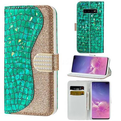 Glitter Diamond Buckle Laser Stitching Leather Wallet Phone Case for Samsung Galaxy S10 5G (6.7 inch) - Green