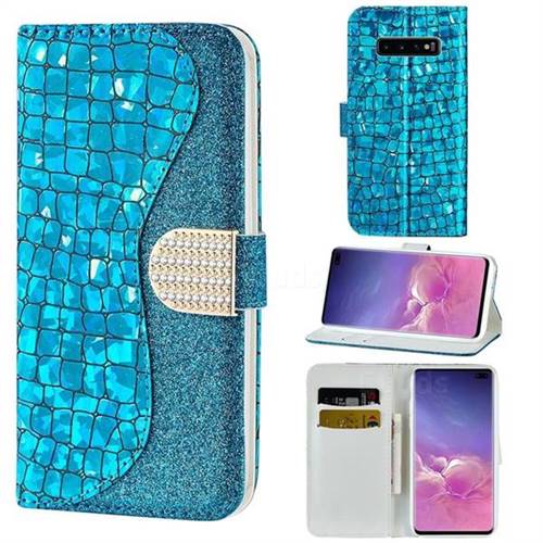 Glitter Diamond Buckle Laser Stitching Leather Wallet Phone Case for Samsung Galaxy S10 5G (6.7 inch) - Blue