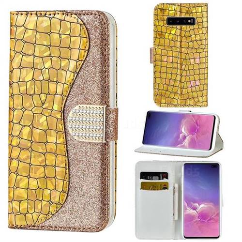Glitter Diamond Buckle Laser Stitching Leather Wallet Phone Case for Samsung Galaxy S10 5G (6.7 inch) - Gold