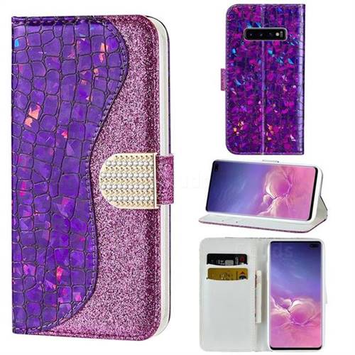 Glitter Diamond Buckle Laser Stitching Leather Wallet Phone Case for Samsung Galaxy S10 5G (6.7 inch) - Purple