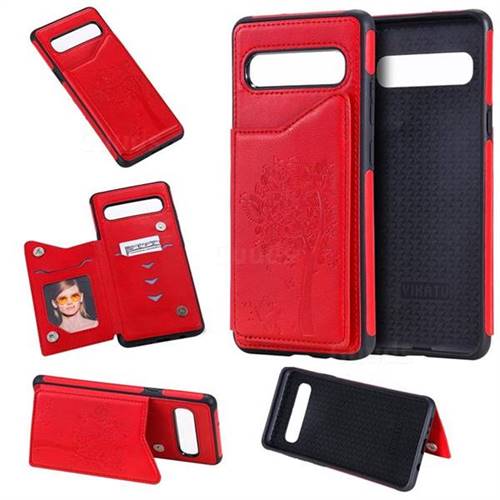 Luxury Tree and Cat Multifunction Magnetic Card Slots Stand Leather Phone Back Cover for Samsung Galaxy S10 5G (6.7 inch) - Red