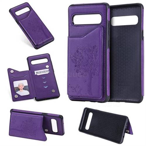 Luxury Tree and Cat Multifunction Magnetic Card Slots Stand Leather Phone Back Cover for Samsung Galaxy S10 5G (6.7 inch) - Purple
