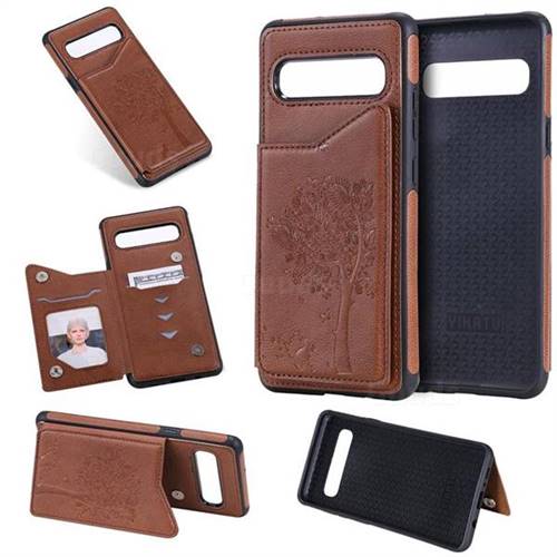 Luxury Tree and Cat Multifunction Magnetic Card Slots Stand Leather Phone Back Cover for Samsung Galaxy S10 5G (6.7 inch) - Brown