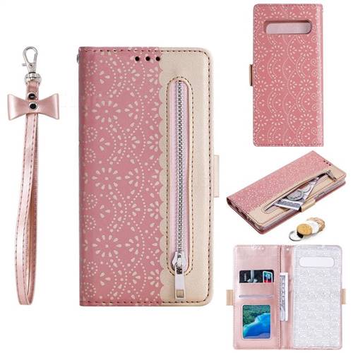 Luxury Lace Zipper Stitching Leather Phone Wallet Case for Samsung Galaxy S10 5G (6.7 inch) - Pink