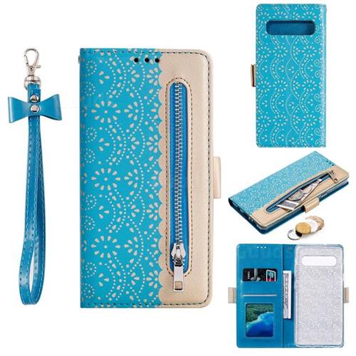 Luxury Lace Zipper Stitching Leather Phone Wallet Case for Samsung Galaxy S10 5G (6.7 inch) - Blue