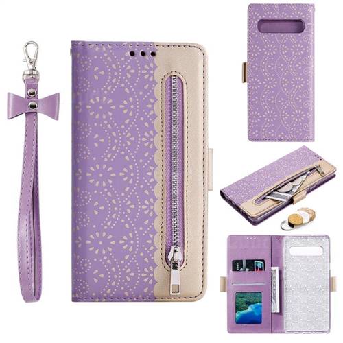Luxury Lace Zipper Stitching Leather Phone Wallet Case for Samsung Galaxy S10 5G (6.7 inch) - Purple