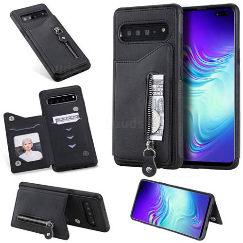 Retro Buckle Zipper Anti-fall Leather Phone Back Cover for Samsung Galaxy S10 5G (6.7 inch) - Black
