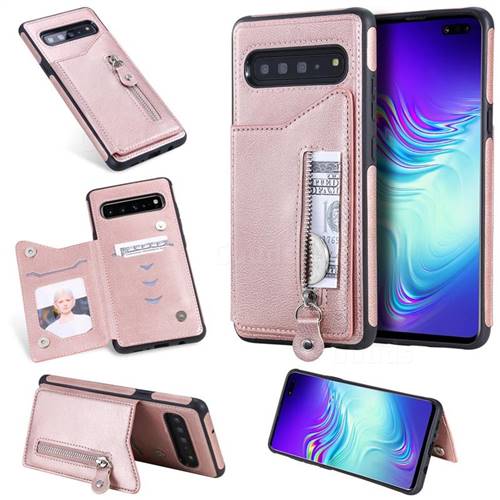 Retro Buckle Zipper Anti-fall Leather Phone Back Cover for Samsung Galaxy S10 5G (6.7 inch) - Pink