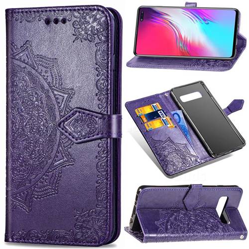 Embossing Imprint Mandala Flower Leather Wallet Case for Samsung Galaxy S10 5G (6.7 inch) - Purple