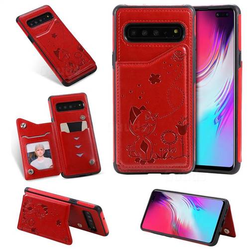Luxury Bee and Cat Multifunction Magnetic Card Slots Stand Leather Back Cover for Samsung Galaxy S10 5G (6.7 inch) - Red