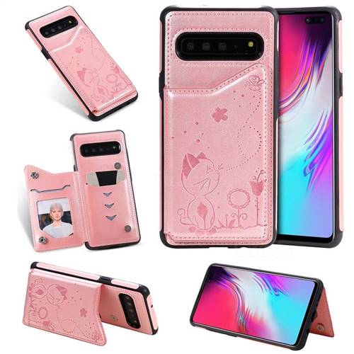 Luxury Bee and Cat Multifunction Magnetic Card Slots Stand Leather Back Cover for Samsung Galaxy S10 5G (6.7 inch) - Rose Gold
