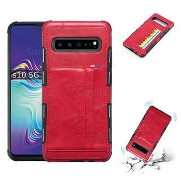 Luxury Shatter-resistant Leather Coated Card Phone Case for Samsung Galaxy S10 5G (6.7 inch) - Red