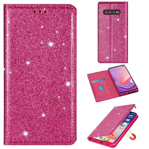 Ultra Slim Glitter Powder Magnetic Automatic Suction Leather Wallet Case for Samsung Galaxy S10 5G (6.7 inch) - Rose Red