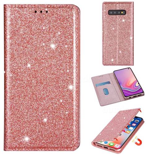 Ultra Slim Glitter Powder Magnetic Automatic Suction Leather Wallet Case for Samsung Galaxy S10 5G (6.7 inch) - Rose Gold