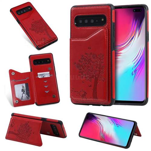 Luxury R61 Tree Cat Magnetic Stand Card Leather Phone Case for Samsung Galaxy S10 5G (6.7 inch) - Red