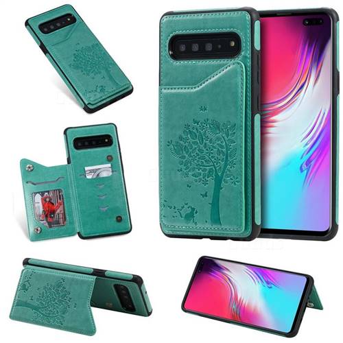 Luxury R61 Tree Cat Magnetic Stand Card Leather Phone Case for Samsung Galaxy S10 5G (6.7 inch) - Green