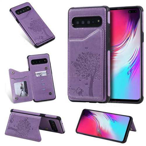 Luxury R61 Tree Cat Magnetic Stand Card Leather Phone Case for Samsung Galaxy S10 5G (6.7 inch) - Purple