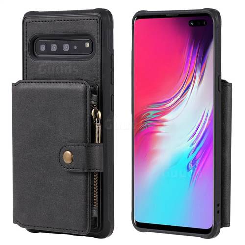 Retro Luxury Multifunction Zipper Leather Phone Back Cover for Samsung Galaxy S10 5G (6.7 inch) - Black