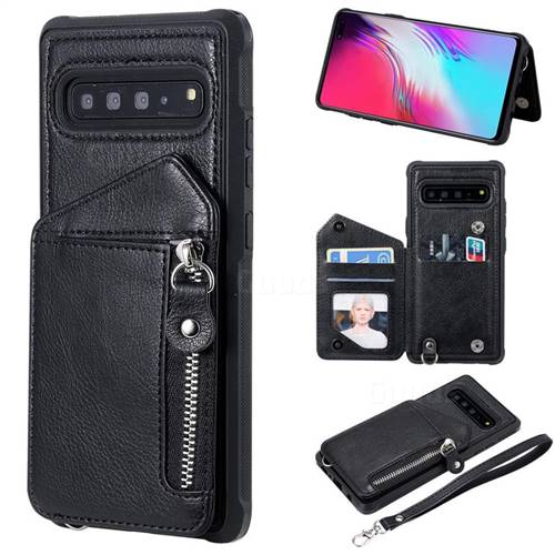 Classic Luxury Buckle Zipper Anti-fall Leather Phone Back Cover for Samsung Galaxy S10 5G (6.7 inch) - Black