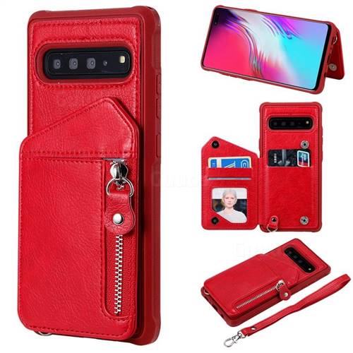Classic Luxury Buckle Zipper Anti-fall Leather Phone Back Cover for Samsung Galaxy S10 5G (6.7 inch) - Red