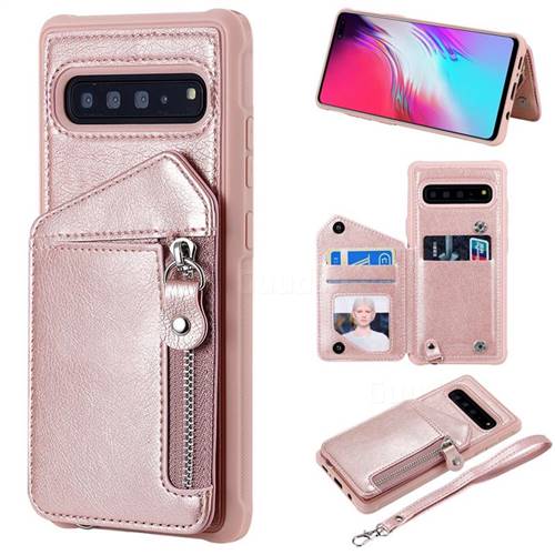 Classic Luxury Buckle Zipper Anti-fall Leather Phone Back Cover for Samsung Galaxy S10 5G (6.7 inch) - Pink