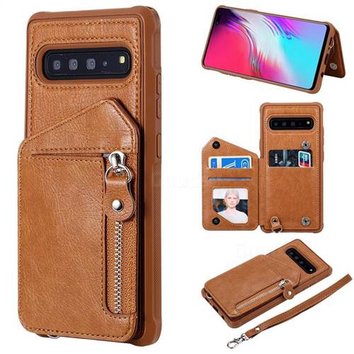 Classic Luxury Buckle Zipper Anti-fall Leather Phone Back Cover for Samsung Galaxy S10 5G (6.7 inch) - Brown
