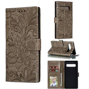Intricate Embossing Lace Jasmine Flower Leather Wallet Case for Samsung Galaxy S10 5G (6.7 inch) - Gray