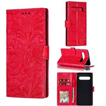 Intricate Embossing Lace Jasmine Flower Leather Wallet Case for Samsung Galaxy S10 5G (6.7 inch) - Red