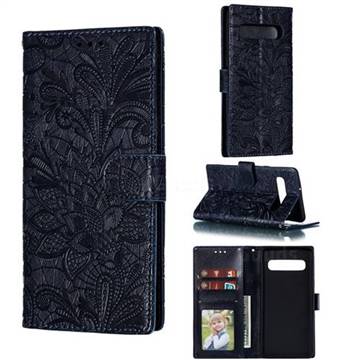 Intricate Embossing Lace Jasmine Flower Leather Wallet Case for Samsung Galaxy S10 5G (6.7 inch) - Dark Blue