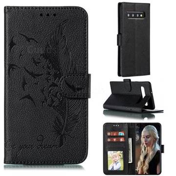 Intricate Embossing Lychee Feather Bird Leather Wallet Case for Samsung Galaxy S10 5G (6.7 inch) - Black