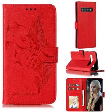 Intricate Embossing Lychee Feather Bird Leather Wallet Case for Samsung Galaxy S10 5G (6.7 inch) - Red