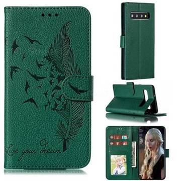 Intricate Embossing Lychee Feather Bird Leather Wallet Case for Samsung Galaxy S10 5G (6.7 inch) - Green