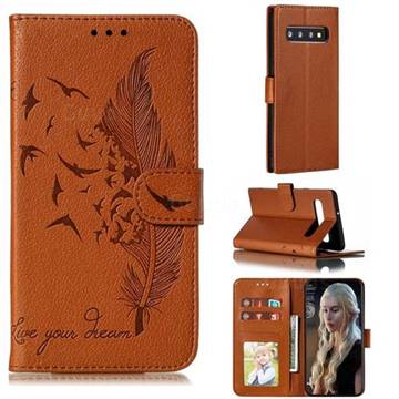 Intricate Embossing Lychee Feather Bird Leather Wallet Case for Samsung Galaxy S10 5G (6.7 inch) - Brown
