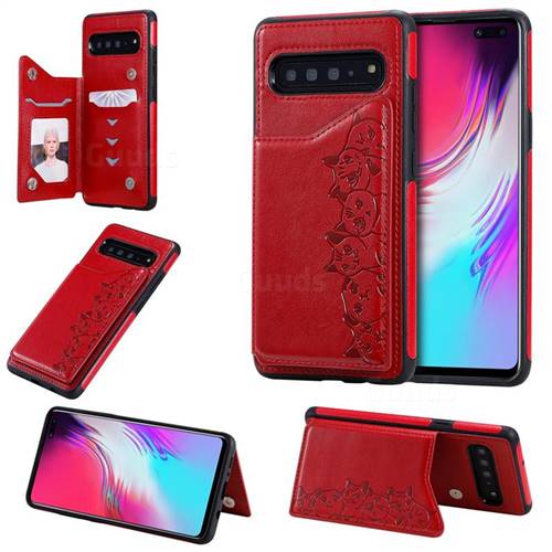 Yikatu Luxury Cute Cats Multifunction Magnetic Card Slots Stand Leather Back Cover for Samsung Galaxy S10 5G (6.7 inch) - Red