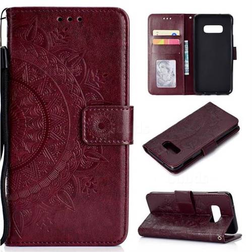 Intricate Embossing Datura Leather Wallet Case for Samsung Galaxy S10e (5.8 inch) - Brown